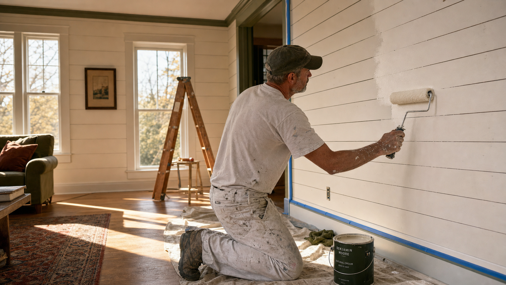 Painter rolling fresh cream paint onto a shiplap wall inside a New England home