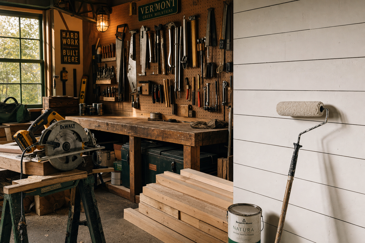 Workshop with paint roller and fresh lumber