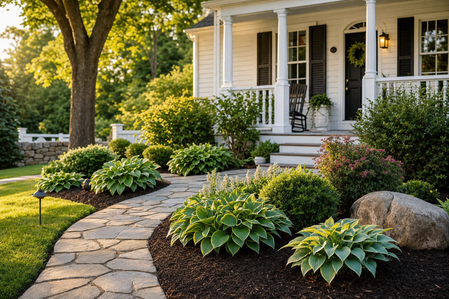 Freshly mulched New England front yard with stone walkway